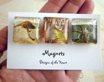 Australian Stamp Collection - Square Glass Magnet set - Kangaroo, Koala and Possum. Australian Animals. Recycled stamps