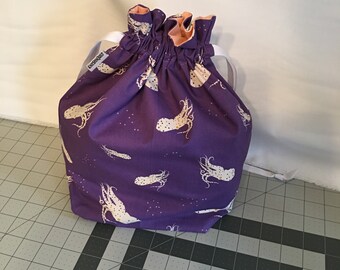 LARGE OCTOPUS or SQUID large-scale print large fully-lined cotton drawstring knitting project bag