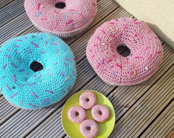Large Doughnut pillow - Fat Free! Hand made crochet pillow cushion - Easter Birthday Christmas Fun Gift- Sweet treat- plush pillows