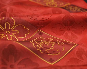 13.7"w. x 25.3"l. Vintage silk kimono fabric red flower card 2984K