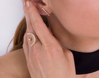 Starburst, Starburst Ring, Minimalist Ring, Gold Ring, Dainty Ring, Ring, Stackable Ring, Star and Moon, Gold Moon Ring, Love Ring, Gift