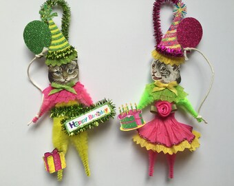 Grey Tabby Kitty Cat BIRTHDAY ornaments CAT ornaments vintage style chenille ORNAMENTS set of 2