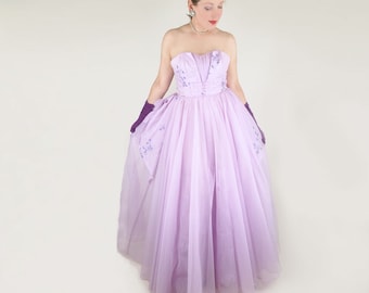 50s Lavender Frothy Strapless Long Dress - Belle of the Ball S