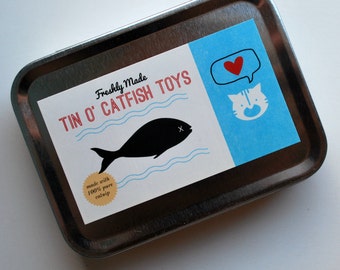 Tin of Catnip Filled Fish - 3 Cat Toys made with upcycled materials - Set - Feline Fun - Organic Catnip - recycled