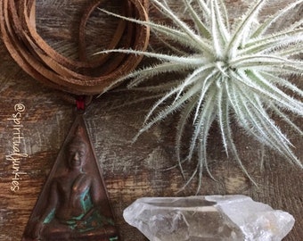 Vegan Leather + Thai Buddha | Triangle | Patina | Adjustable Choker Necklace | Reiki Love Infused | Spiritual Junkies | Yoga + Meditation