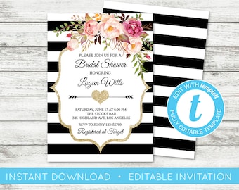 EDIT YOURSELF, Kate Bridal Shower Invitation, Black White Striped Invitation, Black and Pink Invitation, Spade Shower Gold Floral Templett