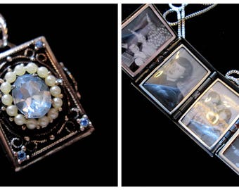 Vintage Coro 4 Picture Locket Necklace - London Blue Topaz