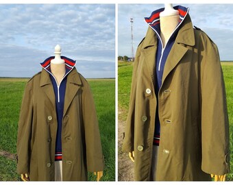 Vintage Trench Coat, Military Jacket, Khaki Green canvas Military Parka Coat Jacket 1970s, Long Belted Coat, 90s Khaki Rain Coat Size Large