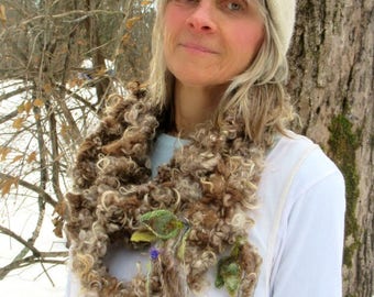 hand knit scarf rustic mohair curls art yarn soft long loop shaggy scarf - warm forest friend