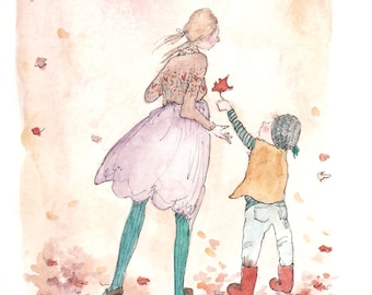 Original watercolor art. Original watercolor painting. Unframed wall art. 8.5x11 original nursery, childrens art. Mother and son painting.