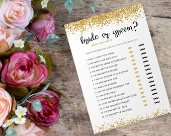 Bride or Groom Game, He Said She Said Bridal Shower Game Printable, Wedding Shower Games Instant Download, Gold Confetti, Glitter, Funniest