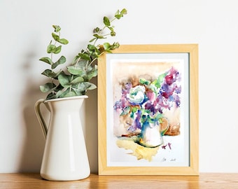 Watercolor original painting - Bouquet of LILACS (watercolor still life vase Pink Purple lilacs original spring gift)