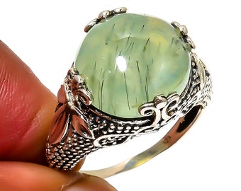 Natural Prehnite Round Gemstone Ring 925 Sterling Silver R1048