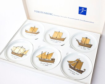 Fürstenberg Porcelain Coasters, German Porcelain boat fleet Coasters, Porcelain Coaster Set, Gold White Coasters, Round Vintage Coasters
