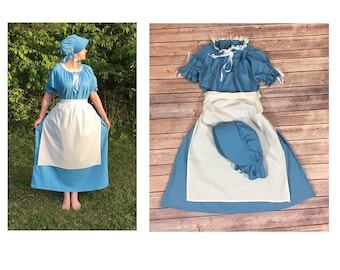 Dress and Apron (no bonnet) - Girls Pioneer Trek Colonial Frontier Prairie Pilgrims Renaissance Reenactment Civil War Dress Costume
