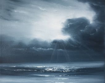Black and White Beach Painting, Monochrome Ocean Art, Seascape, Monochromatic Coastal Landscape, Original Oil Painting on Canvas, Hope