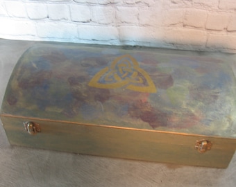 Vintage Celtic Multicolored Curved Top Gilded Wood Box with Decoupaged Interior