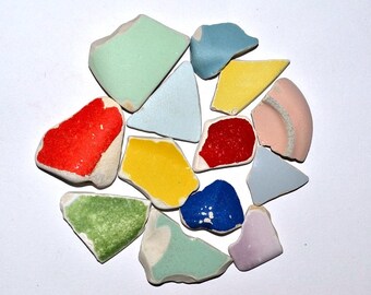 13 Sea Pottery Shards for Crafting, Blue Red Green Yellow Pink Purple Beach Pottery, Craft / Mosaic Supplies, Sea Ceramics