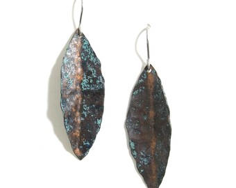 Dark Leaf Earrings - Oxidized Copper Leaf Earrings - Eucalyptus Leaf Earrings -Dark Copper Earrings - Patina Copper -Blue Copper Dangle Leaf