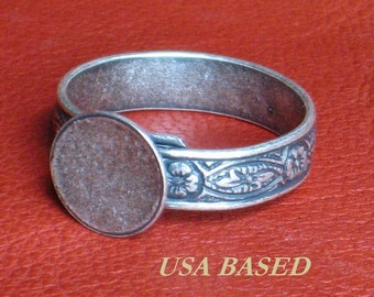 Ring 10mm pad Base Blanks SIX Adjustable Antique Silver plated to Size 10 Lrg band 1st Quality Base Ox finish NO black spot at end of band