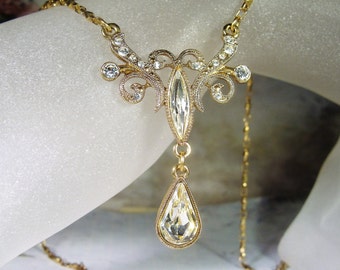 1928 Company, Rhinestone Necklace, Downton Abbey, Victorian Necklace, Rhinestone Gold Necklace, Art Nouveau Necklace, Gold Necklace