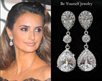 Teardrop Bridal Earrings White Crystal Wedding Earrings Cubic Zirconia Bride Earrings Celebrity Jewelry CZ Bridesmaid Gift Sterling Earrings