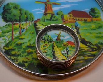 Bar Tray and Coasters with Dutch Scene