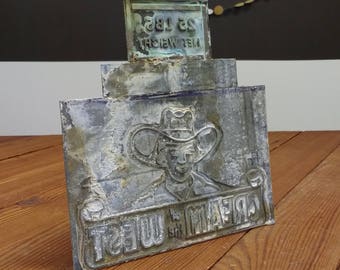 Flour Bag Advertising; Cream of the West; Template; Engraving Plate; Printer Block; Letterpress; Vintage Industrial; Farmhouse Kitchen
