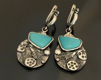 Turquoise gemstone earrings, Statement earrings, Long drop earrings, Artisan statement earrings, gift for her
