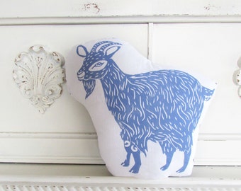 Goat Shaped Farm Animal Pillow. Goat Plushie. Hand Woodblock Printed. Choose Any Color. Made to Order.