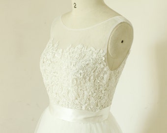 A-line sheer ivory wedding dress, lace tulle wedding gown, see through wedding dress, beach destination wedding dress