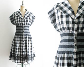 Vintage 1950s Style Black and White Gingham Dress 50s Gingham Dress 50s Checkered Dress Black and White 50s Dress Small Medium Size 6