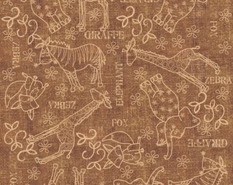 Cartoon Fabric : Wild Things Brown Animal Sketches Jungle Animals by Quilting Treasures 100% cotton Fabric by the yard 36"x43" (QT248)