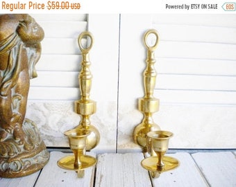 Sale Gold Brass Wall Sconce Hollywood Regencey, Set Of 2 Candle Holders, Wall Decor, Gold Wedding, Mid Century Modern