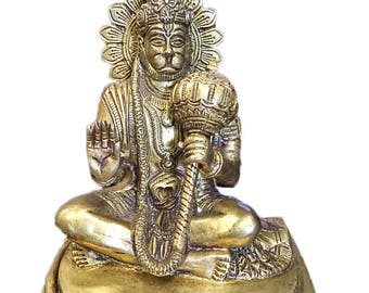 Protection Healing Vintage Hindu Hanuman with Mace Brass Statue Divine Positive Power Energy Decor