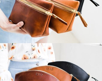 Huge SALE 50% OFF... Makeup Bag Bridesmaids Gift Leather Bag with Monogram Womens Bridesmaid gift personalized Makeup Bag Portland