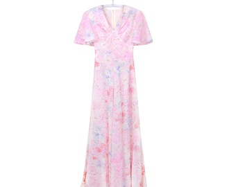 70's scribble flower print maxi dress, vintage, short sleeves, fitted waist, pink maxi dress, tie at the waist, v-neck