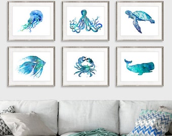 Nursery nautical prints beach wall decor ocean art prints blue coastal decor nautical baby shower coastal decor, set of 6 prints - S4