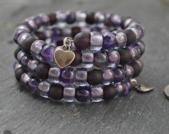 Amethyst & Czech Glass Three Strand Memory Wire Bracelet