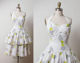 1950s Rose Print Dress / 50s Peplum Halter Dress