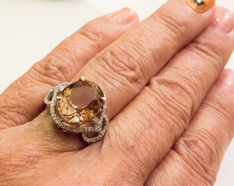 Solid 14K YG 5 Star Gorgeous Imperial Topaz and Diamond Ring, size 6.75 - BEST !