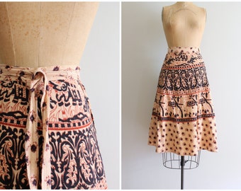 vintage 70s hippie wrap skirt - India cotton skirt / 1970s bohemian wrap skirt- paisley block print skirt / 60s Indian cotton boho skirt