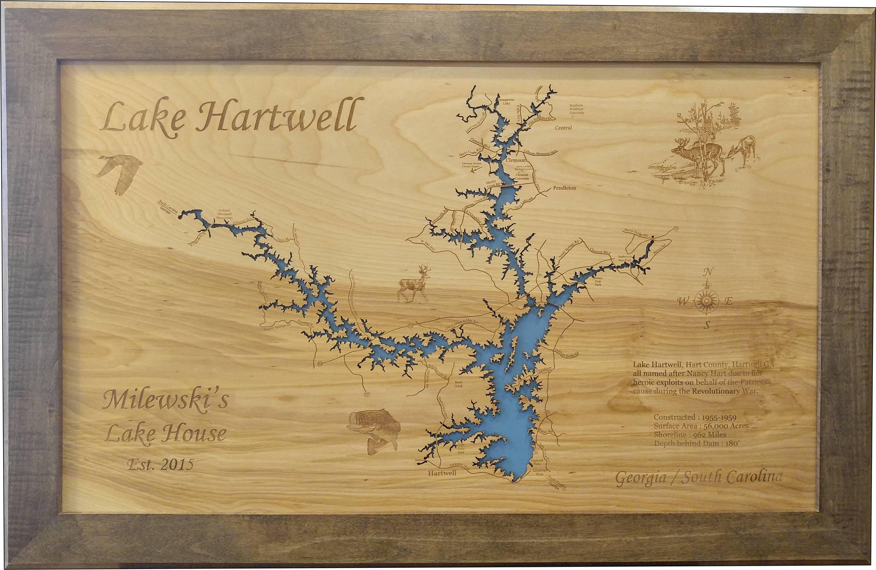 Wood Laser Cut Map Of Lake Hartwell Ga And Sc Topographical 3345