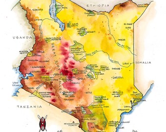 kenya map watercolor illustration african map art nairobi mombasa kenya watercolor map safari maasai flag kenya poster