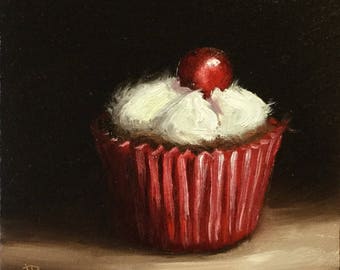 Cherry cupcake Small Original Oil Painting still life by Jane Palmer