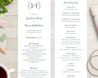 Wedding program template printable order of service template rustic printable program | Leaves wreath | Royal Gardens | Editable template