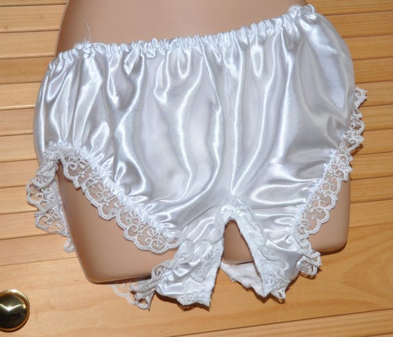 Open crotch satin French Maid panties with lace trim Sissy