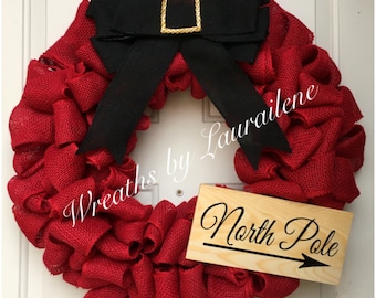 Red burlap North Pole Christmas wreath