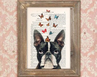 Boston Terrier Print, Bulldog with butterflies, French design, black and white,bulldog poster Art Print on recycled french book page
