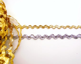 2.5 yds Gold or Silver Metallic Ric Rac Trim - Silver or Gold Zig zag trim, 6mm Gold ric rac trim, 8mm silver ric rack trim